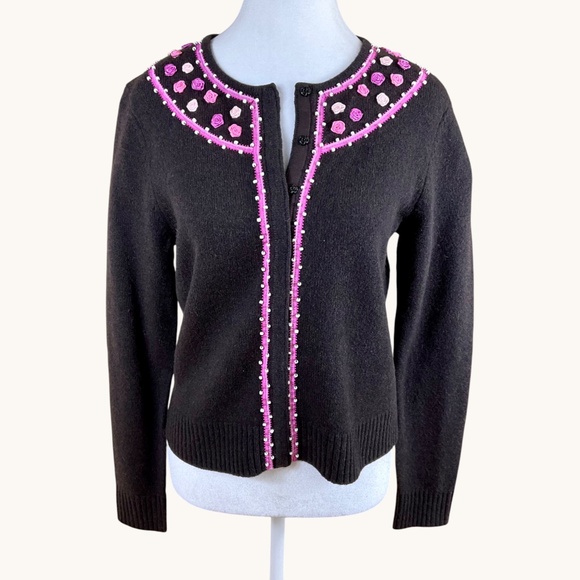 Paraphrase Sweaters - Brown Cardigan Sweater Wool Pink Rose Appliques Beaded (M)